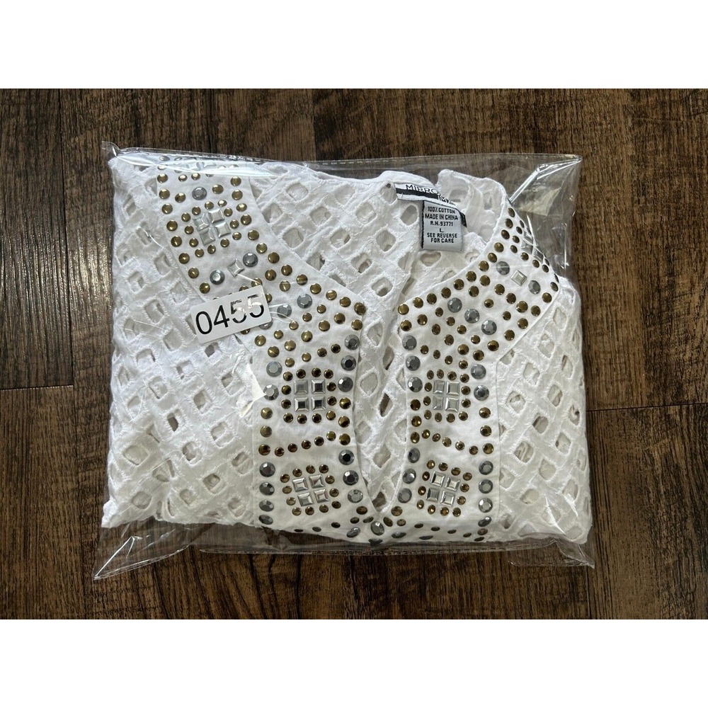 Mirror Image Cover Up Tunic‎ Womens L White Eyelet Beaded Split V-Neck Pullover - Picture 9 of 9